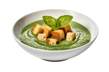 Creamy spinach soup topped with crusty bread Garnish with basil leaves. Focus on the heat and thickness of the soup. Isolated on a transparent background.