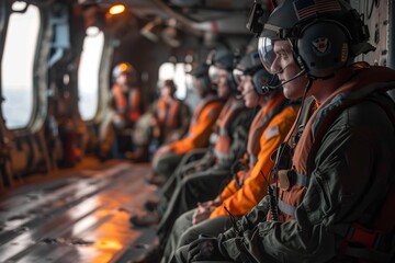 Military personnel in helicopter during combat readiness drill - obrazy, fototapety, plakaty