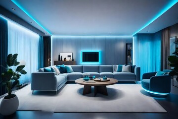 Fototapeta na wymiar urban living space with floor-to-ceiling windows and bathed in the soft blue light