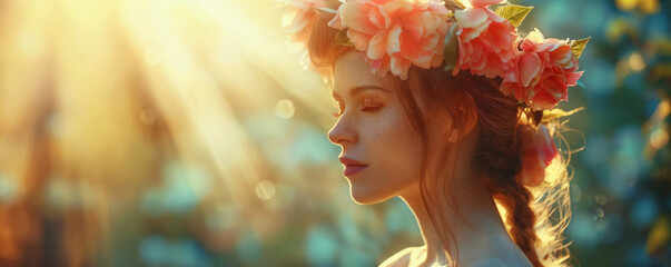 Fototapety  Beautiful stylish creative summer background. Spring fashion portrait of a woman with flowers and butterflies on her head and in her hair.  Female beauty concept