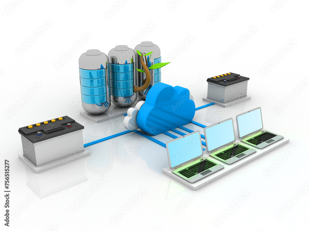 Aufkleber 3d rendering technology computer network connected green energy battery with invertor battery storag