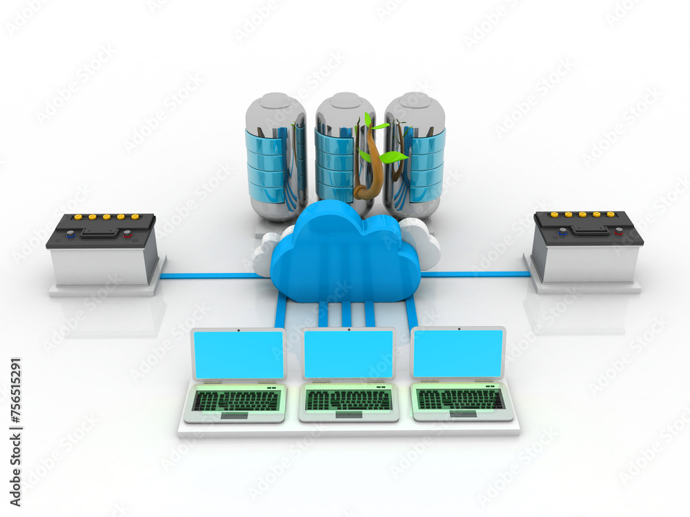 Poster 3d rendering technology computer network connected green energy battery with invertor battery storag