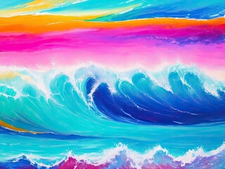 Abstract ocean wave and colorful sky background. style of oil painting.