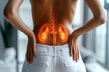 A woman suffers from kidney pain, depicting the discomfort and distress caused by renal issues, highlighting the importance of medical attention and care for kidney health