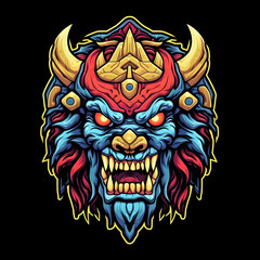 Obraz premium Strong Horned Ogre Chieftain Mascot. Scary Monster Illustration for T-shirt Design