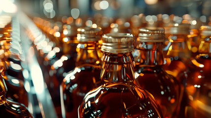 Alcohol Bottling Production Line. Close-up of capped brown glass alcohol bottles on a modern production line. - obrazy, fototapety, plakaty