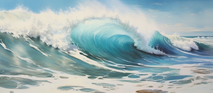 A breathtaking painting capturing the power of a large wave crashing on a beach, showcasing the beauty of water in motion within a natural landscape
