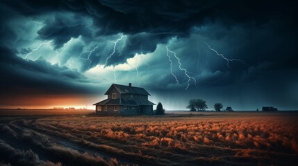Ominous storm clouds gathering over serene landscape, signaling approaching tornado - obrazy, fototapety, plakaty