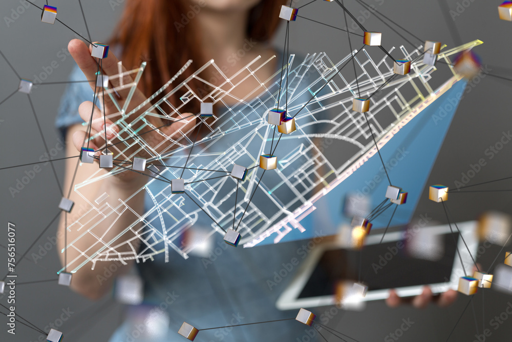 Poster neural network 3d illustration. big data and cybersecurity