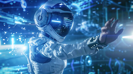 An astronaut in interacts with holographic interface in futuristic helmet against background of digital data streams