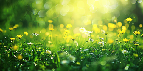 Sunny Meadow with Lush Green Grass, Blooming Flowers, and Sunlight Filtering Through Trees in Background