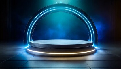 Glowing Neon Modern Podium: Futuristic Product Presentation Scene"