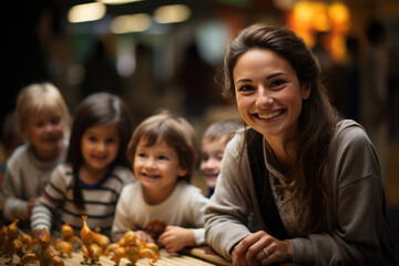 Fototapeta premium Babysitter surrounds herself with happy kids, creating an atmosphere of joy and playfulness. Laughter, bonding, and a sense of security fill the air as the babysitter ensures a delightful experience
