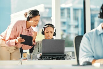 Call center, office training and women on computer for customer service, digital results and...