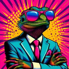 Image of a lizard in neon colors and sunglasses, wearing a jacket and tie