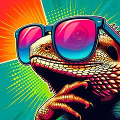 Image of lizard  in neon colors and sunglasses