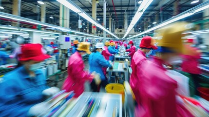 Asian textile sewing factory with many workers, motion blurred photo	
 - obrazy, fototapety, plakaty