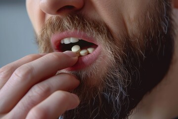 A man with a beard is taking medications prescribed by his doctor. The man takes a pill