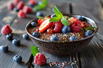 Buckwheat chocolate porridge in a bowl with fruit on a wooden table.  Blueberries and raspberries...