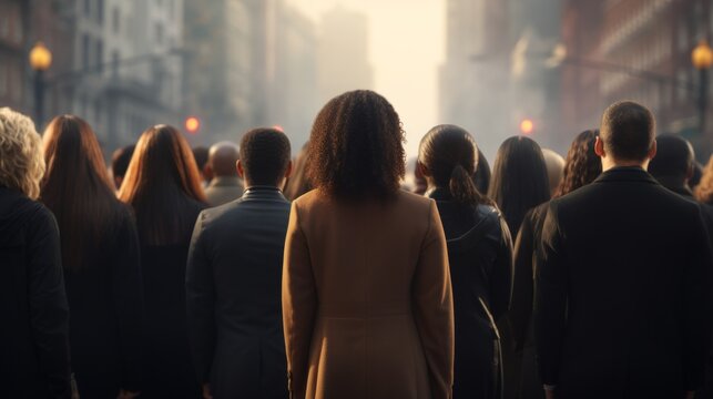 Multicultural individuals looking towards horizon on international justice day, july 17th