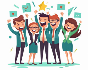 A cartoon illustration of an employees team celebrating their successful business results