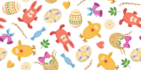 Vector seamless banner with Easter eggs, bunnies and chicken. Color illustration of an egg hunt.