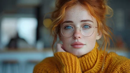Fotobehang young european woman in glasses with natural red hair stands in thoughtful pose tries to choose something or thinks about future, minimalism style, warm colors © HejPrint