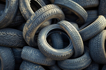 Pile of discarded old tires and rims in a warehouse storage area, closeup photo - obrazy, fototapety, plakaty