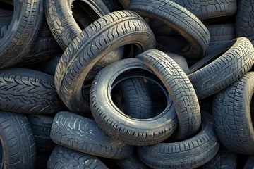 Fototapete Pile of discarded old tires and rims in a warehouse storage area, closeup photo © SHOTPRIME STUDIO