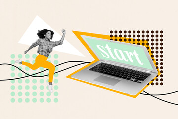 Composite photo collage of young american girl run office laptop screen saver start loading freelance user isolated on painted background