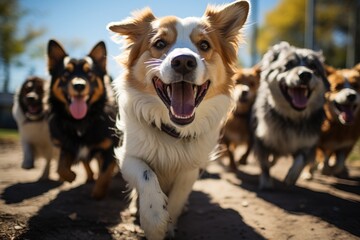 A group of happy and energetic dogs being walked by a professional dog walker in a scenic park setting. The convenience of the service for busy dog owners.