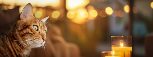 A Bengal cat looks at the candle fire.
