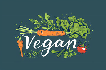 Hand-drawn vegan word with vegetables backdrop