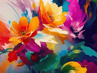 Oil paint strokes in multiple colors, flowers, and an abstract background