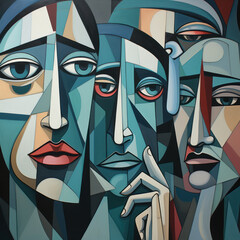Reflective cubist faces in contemplative silence