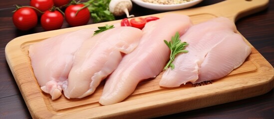 Raw chicken breasts, an animal product, rest on a wooden cutting board. These ingredients can be used in a variety of cuisines and dishes