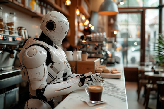 A humanoid robot is depicted as a barista in a bustling café, interacting with a coffee machine to prepare a perfect espresso, blending traditional coffee culture with futuristic automation.