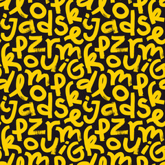 Vector seamless pattern with bold grunge yellow letters. Hand drawn alphabet letters background.