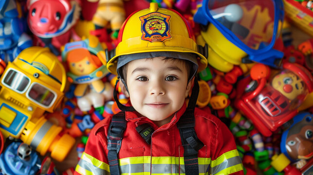 Kid dressed as a firefighter in a vibrant uniform surrounded by toys