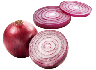 cebola roxa inteira e cebola roxa cortada isolado em fundo transparente