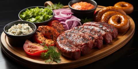 A wooden plate topped with a juicy steak, sautéed onions, ripe tomatoes, and crispy onion rings