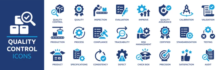 Abwaschbare Fototapete Höhenskala Quality control icon set. Containing inspection, evaluation, product, quality assurance, process, testing and more. Solid vector icons collection.