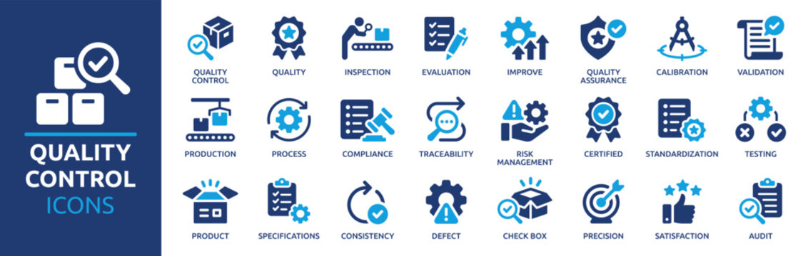 Quality control icon set. Containing inspection, evaluation, product, quality assurance, process, testing and more. Solid vector icons collection.
