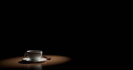 Cup with hot coffee on the table on a black background