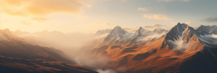 Mountain valley bathed in the warm, golden light of sunset. The play of light and shadow...