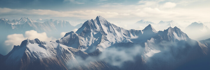 Majestic Snowy Mountain Peak. Inspiring view of a towering, snow-covered mountain peak, standing majestic against the backdrop