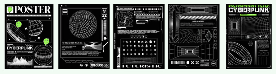 Retro futuristic y2k aesthetic cyberpunk and Futuristic Concept Poster Set. Tech or cyberpunk cover. An artistic collection of cyberpunk and futuristic concept posters, ideal for modern design themes. - obrazy, fototapety, plakaty