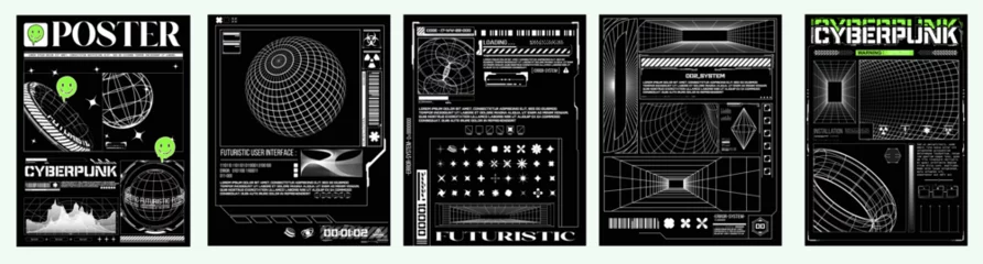Poster Retro futuristic y2k aesthetic cyberpunk and Futuristic Concept Poster Set. Tech or cyberpunk cover. An artistic collection of cyberpunk and futuristic concept posters, ideal for modern design themes. © ZinetroN