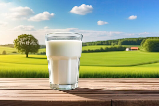 Milk in a glass , stand on the table. a sun rays, cows in a green meadow against a background. The concept and idea of World Milk Day. Space for the text.