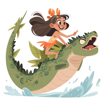 An illustration of a girl riding a sea monster taniwha